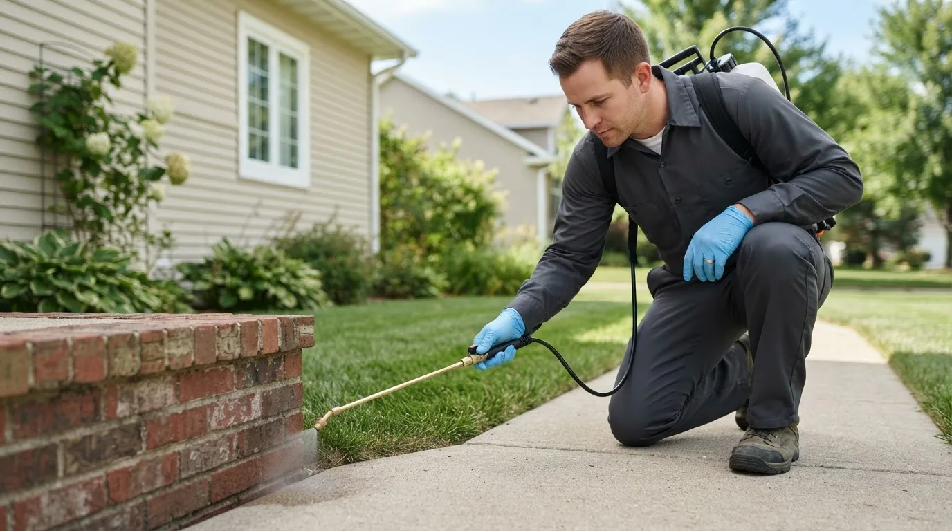 Pest control technician treating a home near Whitewright, TX