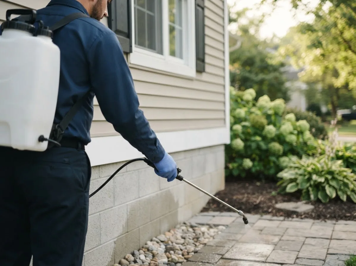 Pest control technician inspecting a home in Whitewright, TX